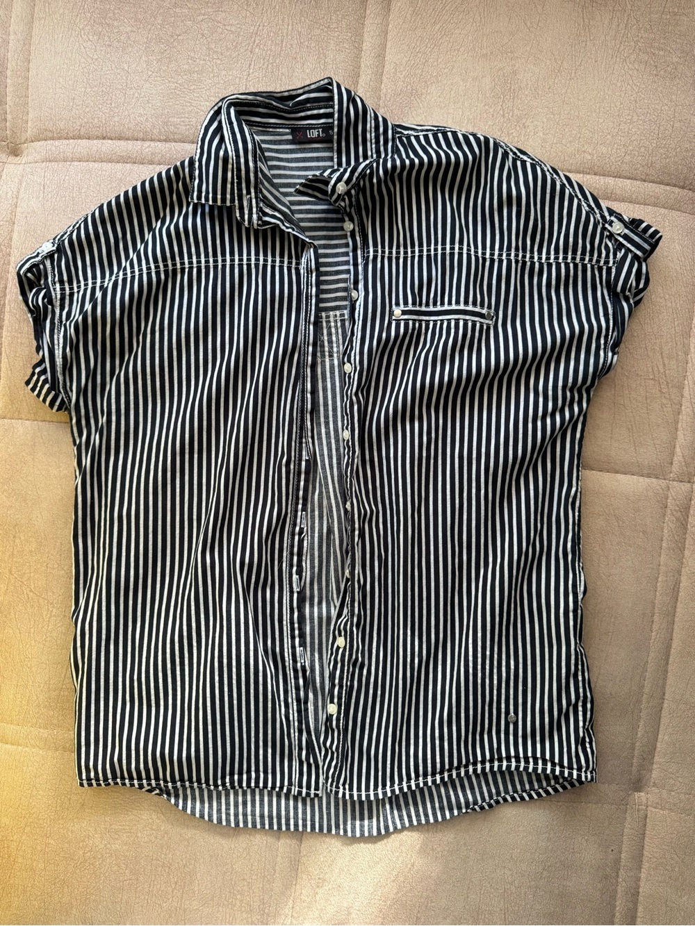 LOFT Black and White Vertical Stripe Short-Sleeve Button-Down Shirt